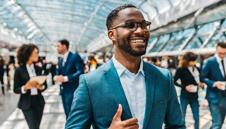 A young man succeeding at networking as an introvert.