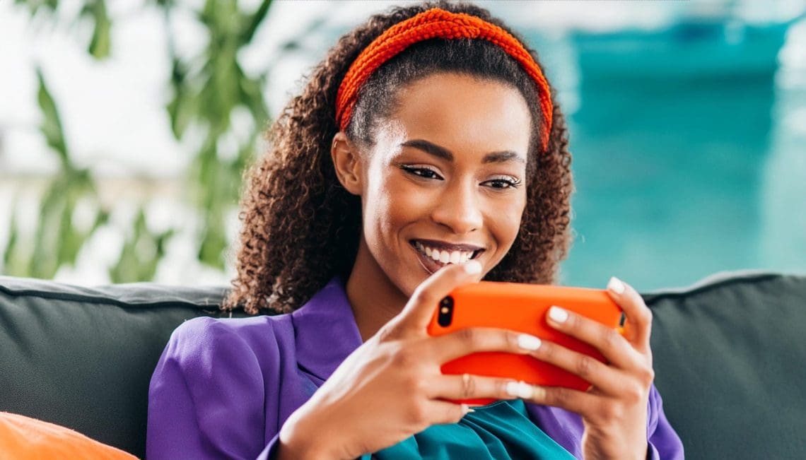 A social media influencer using ai networking tools on her phone.