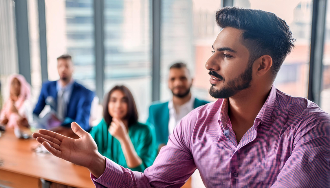 A decorative image of a young professional addressing a small group meant to conceptualize authentic personal branding techniques